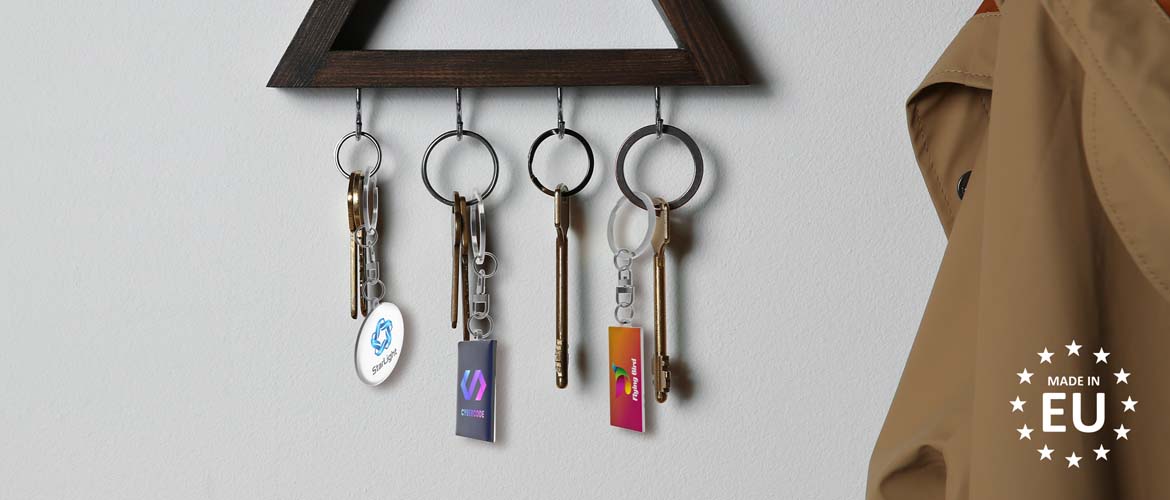 Key Rings  Perhaps the most well-known promotional material; key rings! In every shape, material and colour.