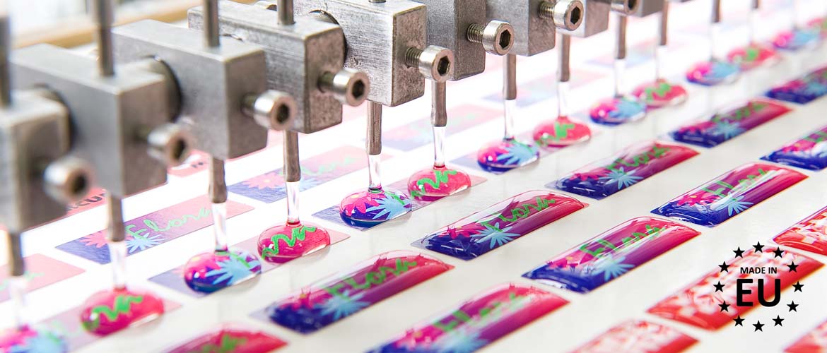 Doming Stickers  Give your product shine, protection and a 3D look with a luxury domed sticker. The doming stickers are available in every shape and size. In addition, doming is scratch-proof and weather-resistant