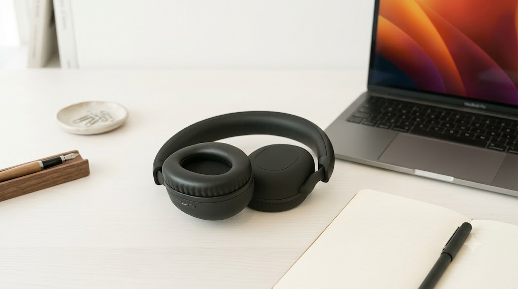 GRUNDIG ANC Bluetooth Headphone 300mAh Black on table