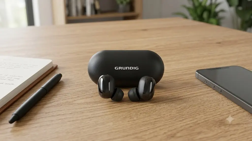 GRUNDIG Wireless Earbuds TWS Black on table
