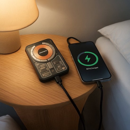 GRUNDIG Wireless Powerbank 5000 mAh on nightstand Transparent.jpg