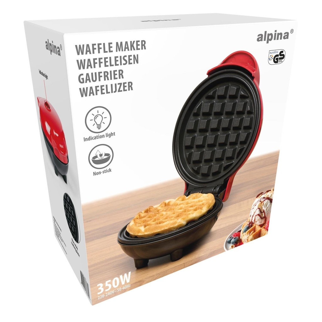 ALPINA Mini Waffle Maker 230V 17x13.5x8cm (Svart, Ingen termisk trykk, Ingen individuell personalisering – på produktet, Ingen Sleeve, Ingen profesjonell grafisk bistand)