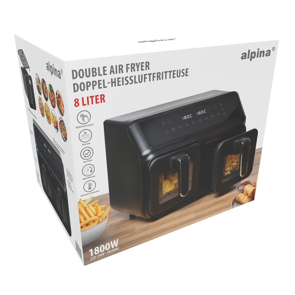 ALPINA Air Fryer 2x4L 1200W (Black, No personalization, No individual personalization on product, No Professional artwork assistance)