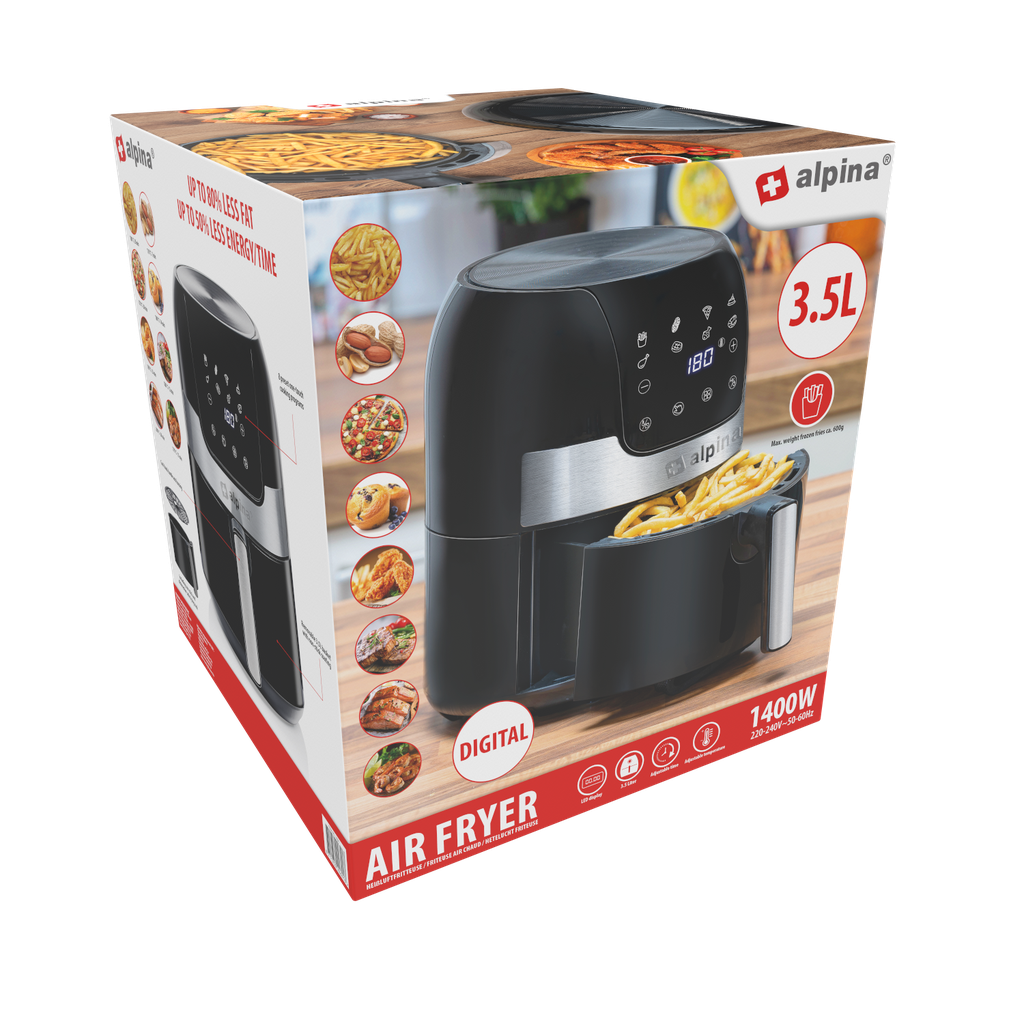 ALPINA Airfryer 3.5L 1400W Digital 230V (Black, No personalization, No individual personalization on product, No Professional artwork assistance)